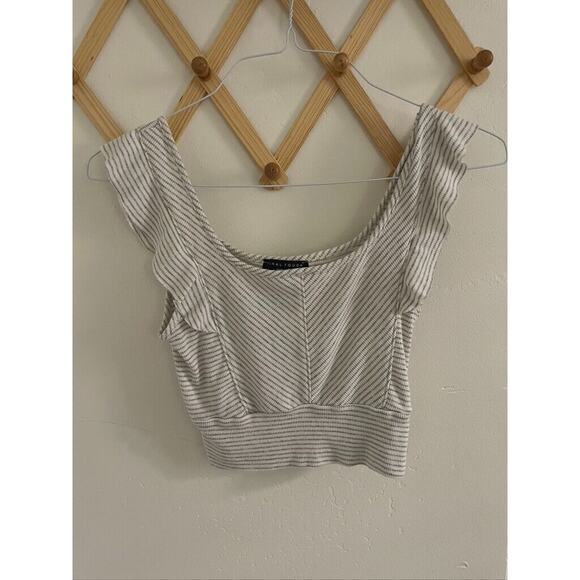 Final Touch Top Women's Medium Crop Tank Ruffle Sleeves White Gray Striped - Picture 1 of 5